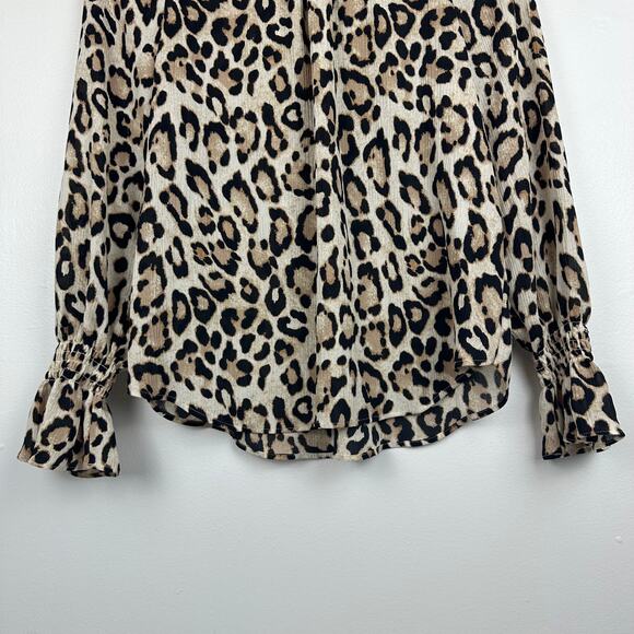 Loft Womens Balloon Sleeve Bell Cuff Mock Neck Leopard Print Beige Blouse XS - Picture 6 of 8